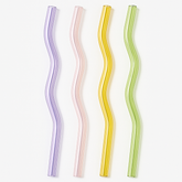 Pastel Wavy Glass Straws – Set of 4 Reusable Eco-Friendly Drinking Straws (Lavender, Pink, Yellow, Green)