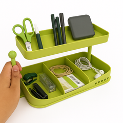 Smart Dual-Tier Multipurpose Desk Organizer – Rotating Storage Stand with Compartments