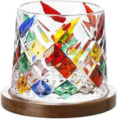 Luxury Crystal Cut Multicolor Whiskey Glass with Wooden Coaster