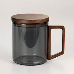 Nordic Eclipse™ Matte Smoke Glass Mug with Walnut Wood Lid & Handle