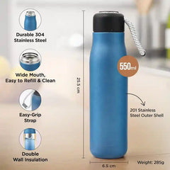 ThermoGrip™ 550ml Double-Wall Stainless Steel Bottle – Vacuum Insulated with Easy Strap
