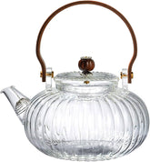 Vintage Ribbed Glass Teapot with Wooden Handle – 900ml Elegant Pouring Kettle
