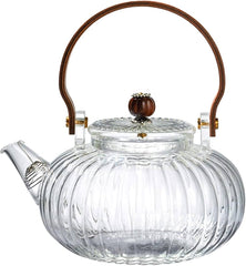 Vintage Ribbed Glass Teapot with Wooden Handle – 900ml Elegant Pouring Kettle