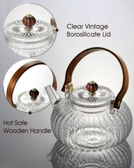 Vintage Ribbed Glass Teapot with Wooden Handle – 900ml Elegant Pouring Kettle