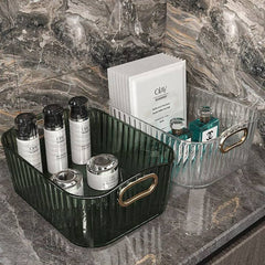 Elegant Ribbed Acrylic Storage Baskets with Gold Handles –Organizers for Bathroom, Vanity & Closet