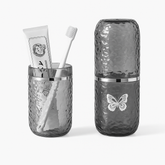 Elegant Travel Toothbrush Cup Set – Textured Dual-Cup Design with Butterfly Emblem