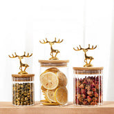 Royal Antler Glass Jar Set – Decorative Storage Canisters with Wooden Lids & Golden Deer Handles