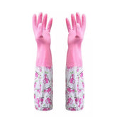 Floral Waterproof Rubber Cleaning Gloves with Cotton Lining – Long Sleeve Non-Slip Dishwashing Gloves