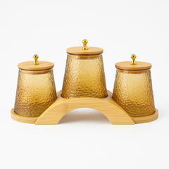 AmberNest™ 3-Piece Textured Glass Jar Set with Wooden Tray & Lids