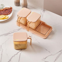 Elegant Rose Gold Spice Jar Set – 3-Piece Kitchen Storage with Tray & Spoons