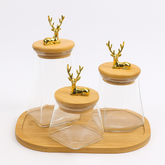 Regal Stag™ Hexagonal Glass Jar Set with Wooden Tray – 3-Piece Decorative Storage