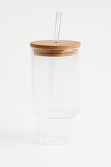 SunSip™ Ribbed Glass Juice Tumbler with Wooden Lid & Straw – 500ml