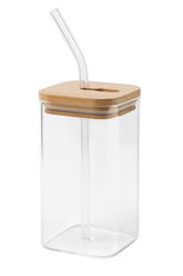 EcoSip™ Glass Tumbler with Bamboo Lid & Straw – Square Minimalist Design