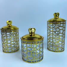 Crystal Royalty™ Decorative Glass Jar Set – 3-Piece Gold-Plated Storage with Gemstone Accents