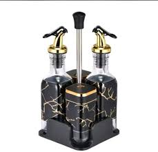 RoyalMarble™ Oil & Vinegar Dispenser Set with Golden Pump and Caddy – 4-in-1 Luxury Kitchen Organizer