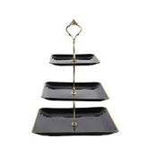 Elegant 3-Tier Rectangular Dessert Stand – Black Ceramic with Gold Trim for High Tea, Parties & Display