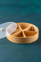 EcoWood 6-Section Round Dry Fruit Organizer – Wooden Finish Snack Box with Transparent Lid