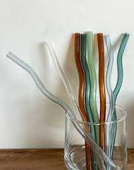 Pastel Wavy Glass Straws – Set of 4 Reusable Eco-Friendly Drinking Straws (Lavender, Pink, Yellow, Green)