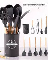 Premium 12-Piece Silicone Kitchen Utensil Set with Wooden Handles & Organizer Holder – Non-Stick, Heat-Resistant Cookware Tools