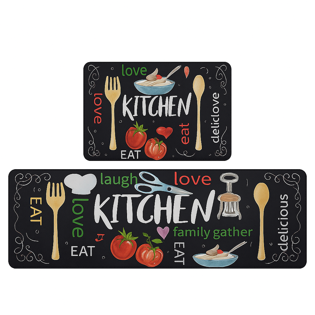Colorful Kitchen Mat Set - 2 Piece Non-Slip Anti-Fatigue Floor Mats with Fun Cooking Quotes & Utensil Graphics