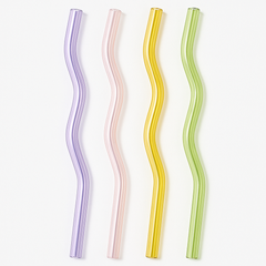 Pastel Wavy Glass Straws – Set of 4 Reusable Eco-Friendly Drinking Straws (Lavender, Pink, Yellow, Green)
