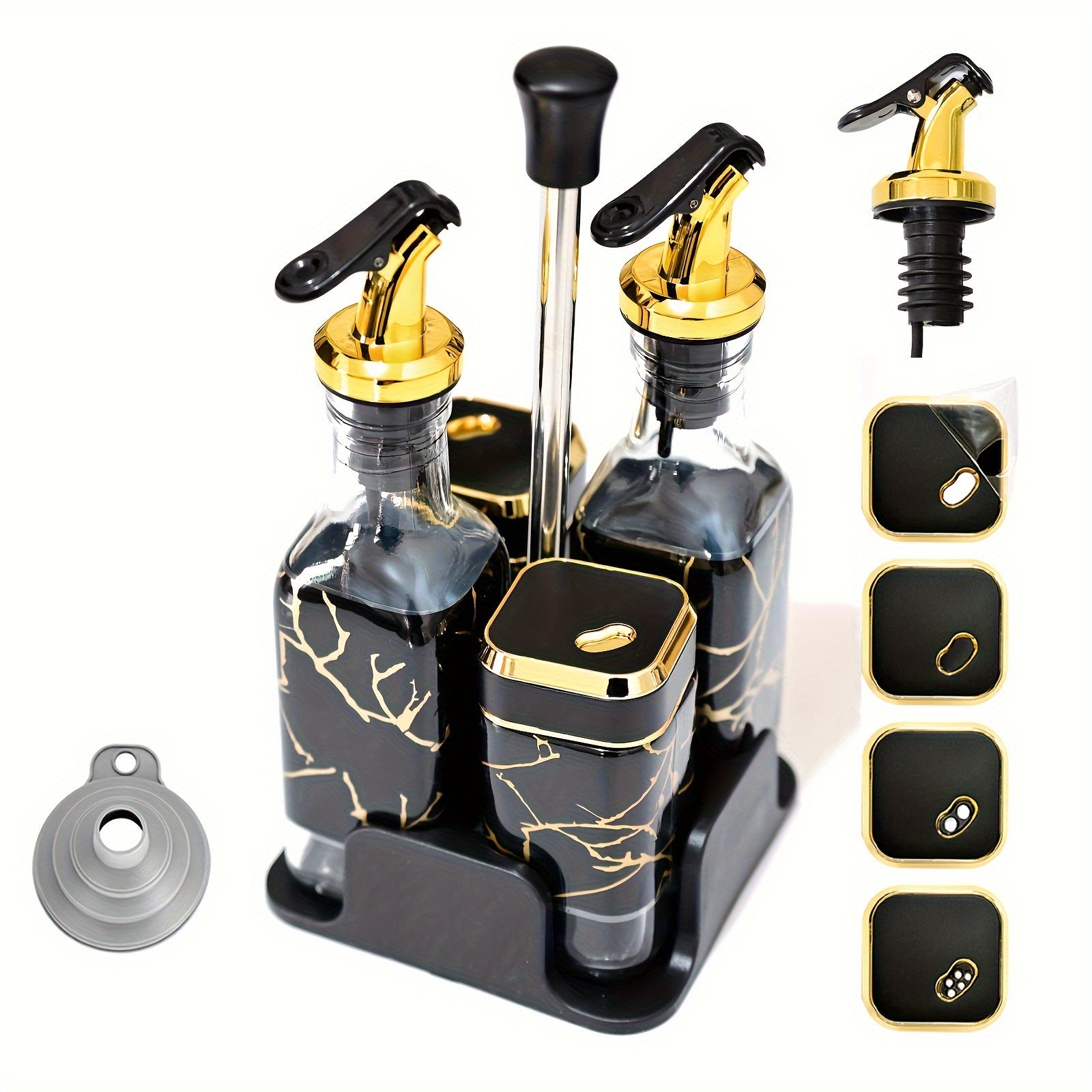 RoyalMarble™ Oil & Vinegar Dispenser Set with Golden Pump and Caddy – 4-in-1 Luxury Kitchen Organizer