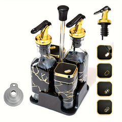 RoyalMarble™ Oil & Vinegar Dispenser Set with Golden Pump and Caddy – 4-in-1 Luxury Kitchen Organizer
