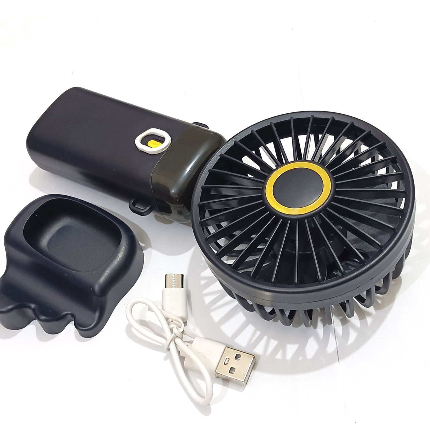 Luxury Black Mini Handheld Fan – USB Rechargeable with Gold Accents