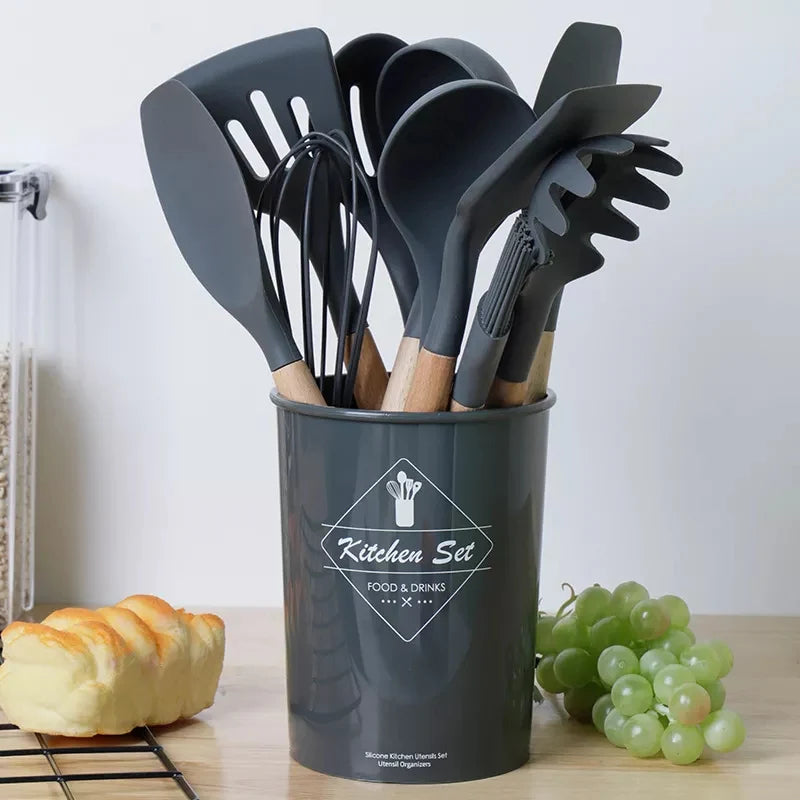 Premium 12-Piece Silicone Kitchen Utensil Set with Wooden Handles & Organizer Holder – Non-Stick, Heat-Resistant Cookware Tools