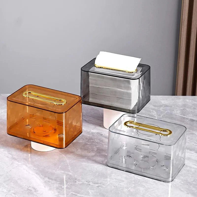 Crystal Luxe Cotton Swab & Tissue Box – Transparent Acrylic Dispenser with Gold Handle