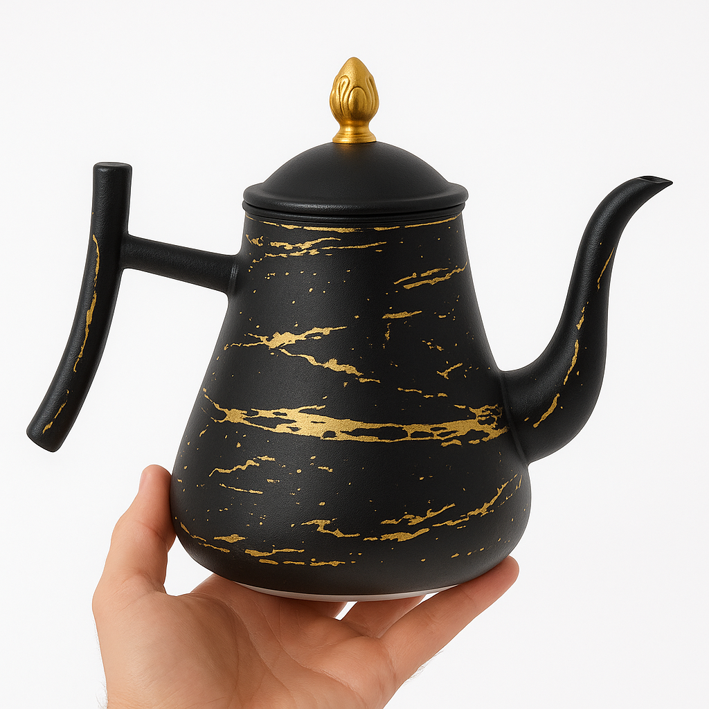 Luxury Black Marble Teapot with Golden Veins – Premium Decorative Kettle