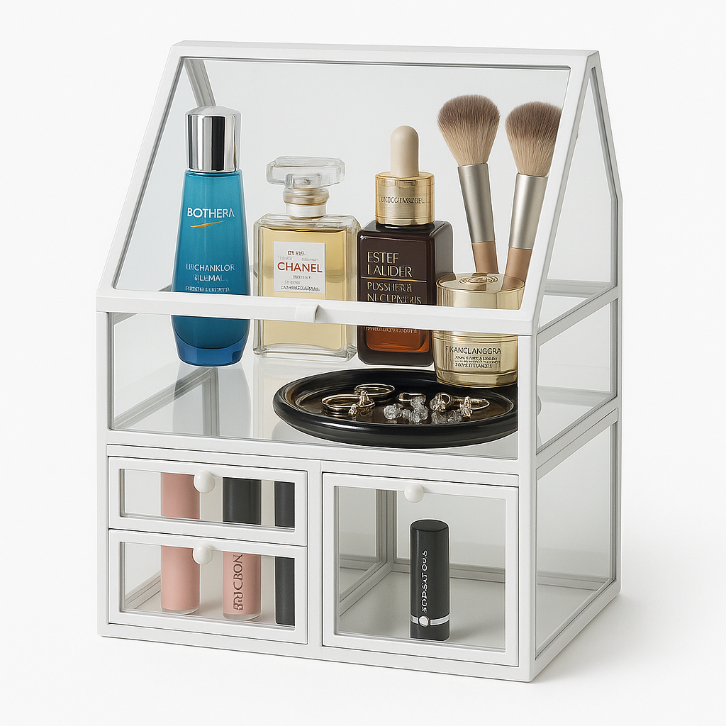 Luxury Glass Vanity Organizer with Drawers and Slanted Display