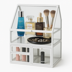 Luxury Glass Vanity Organizer with Drawers and Slanted Display