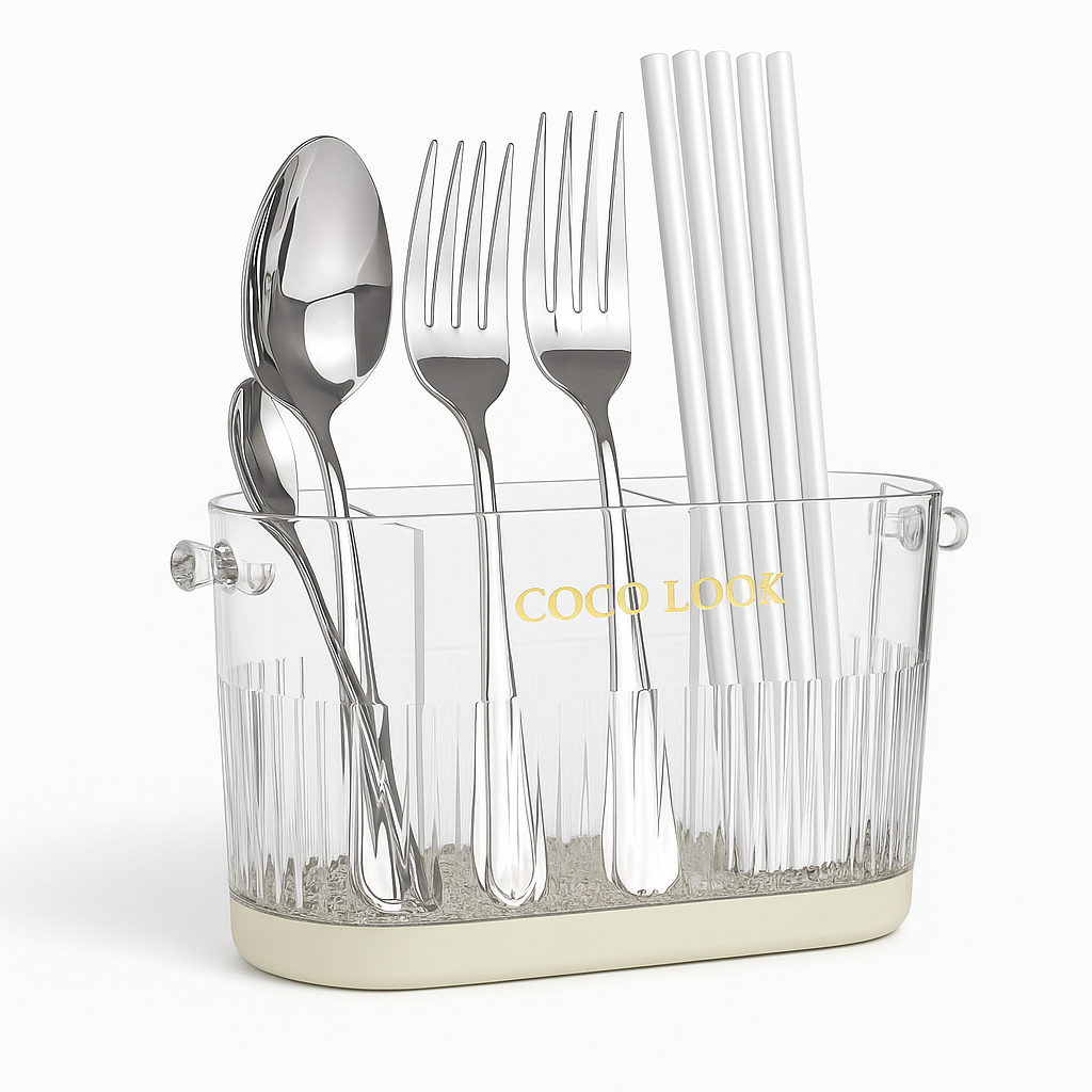 COCO LOCK Premium Transparent Cutlery Holder with Drain Base – Multi-Use Kitchen Organizer