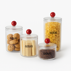 Elegant Ribbed Acrylic Storage Jar Set – 4-Piece Clear Containers with Red Ball Knobs