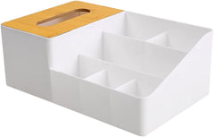 Premium Multi-Compartment Desktop Organizer with Tissue Box and Bamboo Lid
