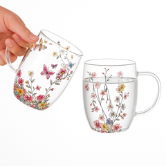 Elegant Floral Butterfly Clear Glass Mug Set – Heat Resistant Design