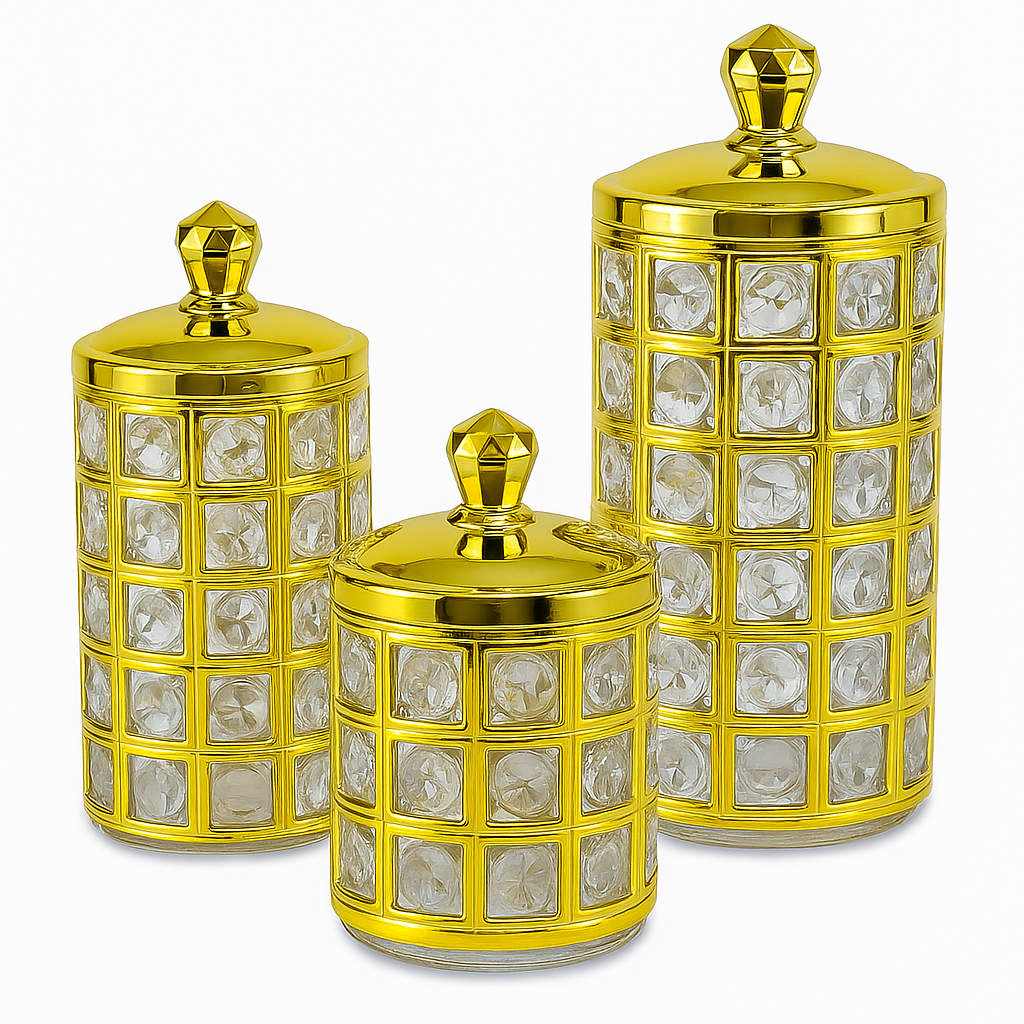 Crystal Royalty™ Decorative Glass Jar Set – 3-Piece Gold-Plated Storage with Gemstone Accents