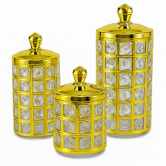 Crystal Royalty™ Decorative Glass Jar Set – 3-Piece Gold-Plated Storage with Gemstone Accents