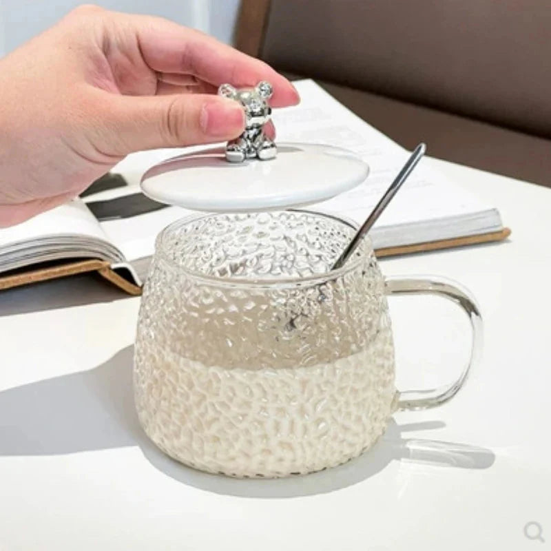 Elegant Glass Honey Jar with Bear Lid & Spoon – Textured Crystal Design