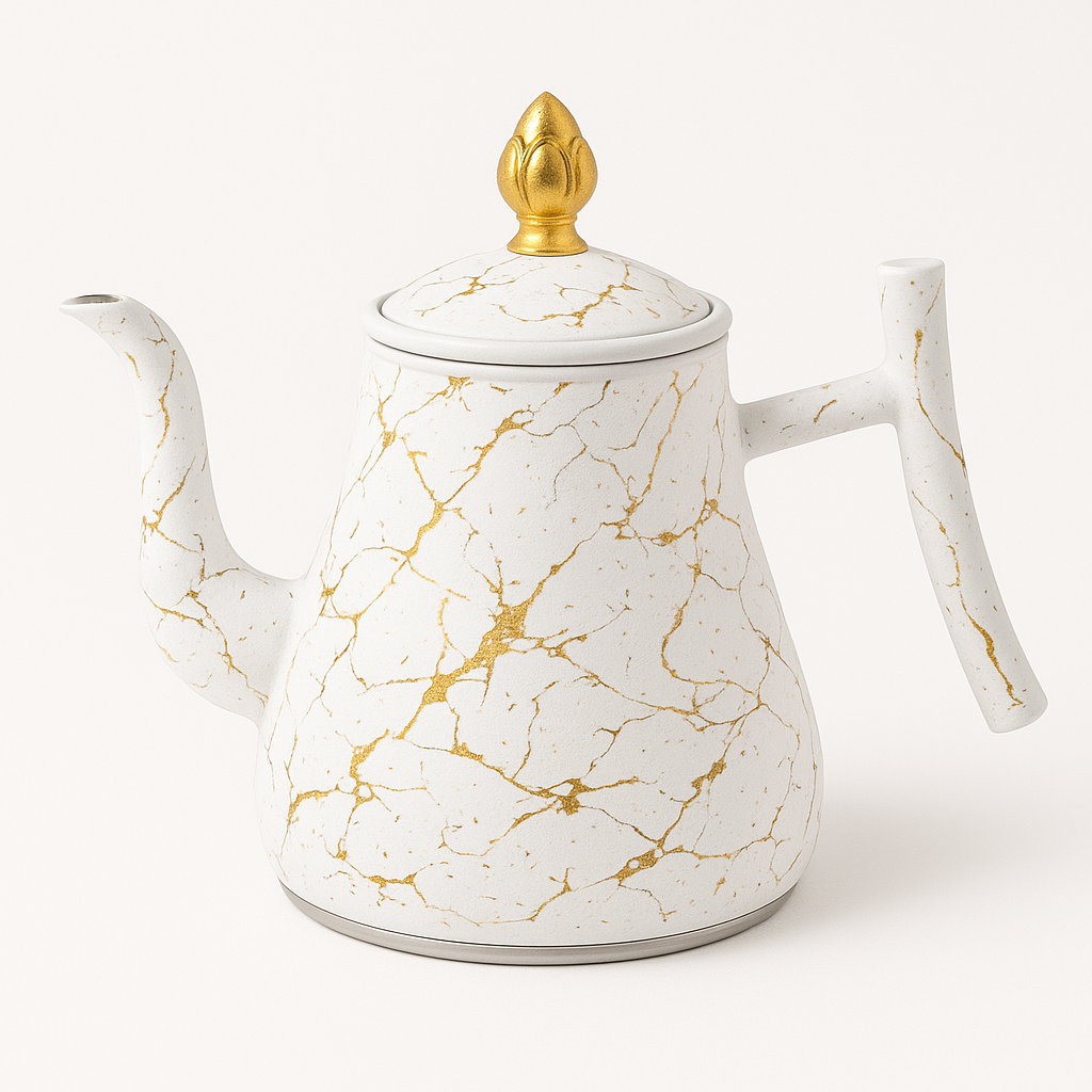 Royal White Marble Gold Vein Teapot – Elegant Designer Kettle for Modern Homes