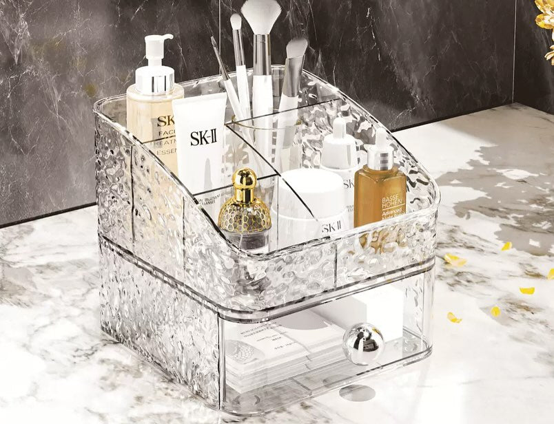 Premium Textured Acrylic Cosmetic Organizer with Drawers – Multi-Tier Vanity Storage Box