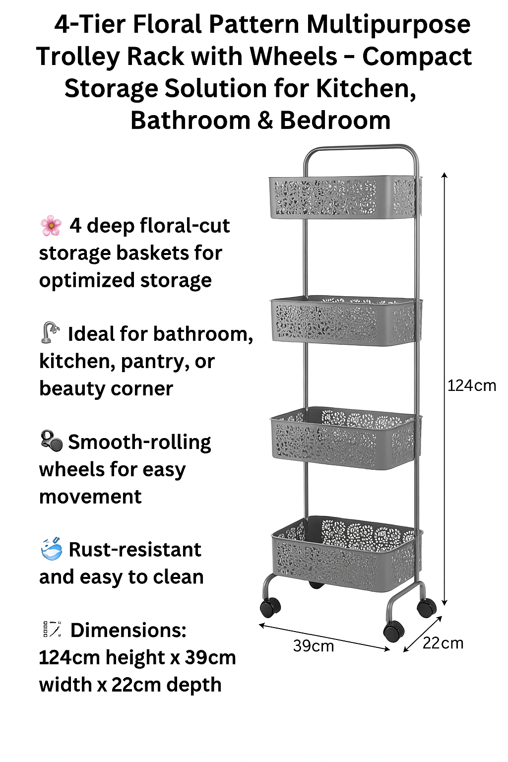 4-Tier Floral Pattern Multipurpose Trolley Rack with Wheels – Compact Storage Solution for Kitchen, Bathroom & Bedroom