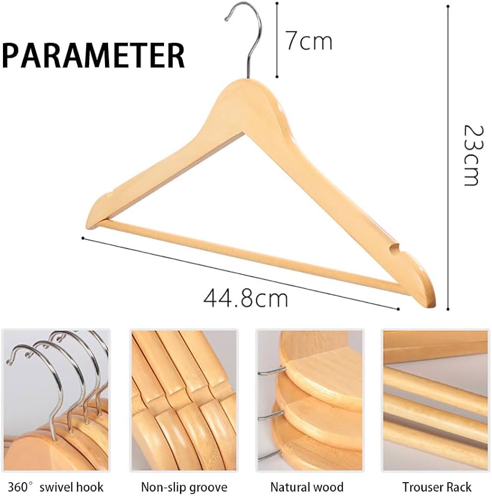 WoodCraft™ Premium Natural Wooden Hangers with 360° Swivel Hook & Trouser Bar (pack of 3)
