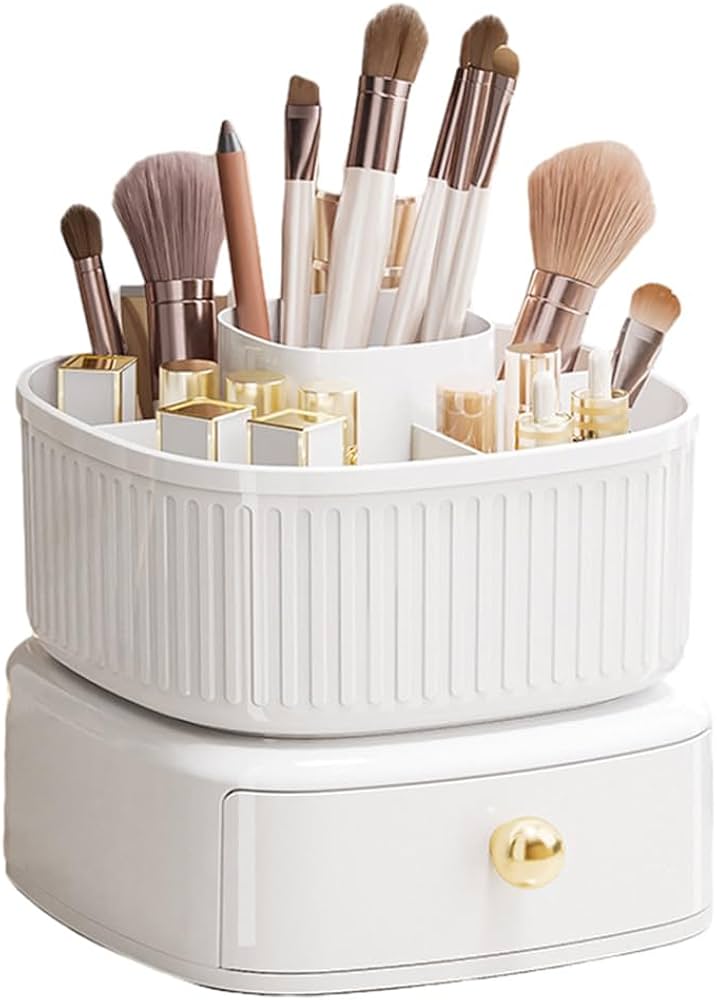 Luxury Rotating Makeup Brush Holder with Drawer Organizer