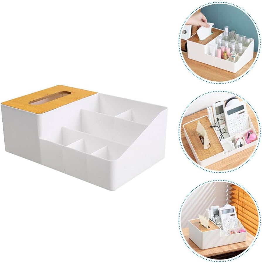 Premium Multi-Compartment Desktop Organizer with Tissue Box and Bamboo Lid