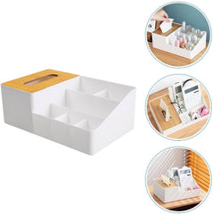 Premium Multi-Compartment Desktop Organizer with Tissue Box and Bamboo Lid