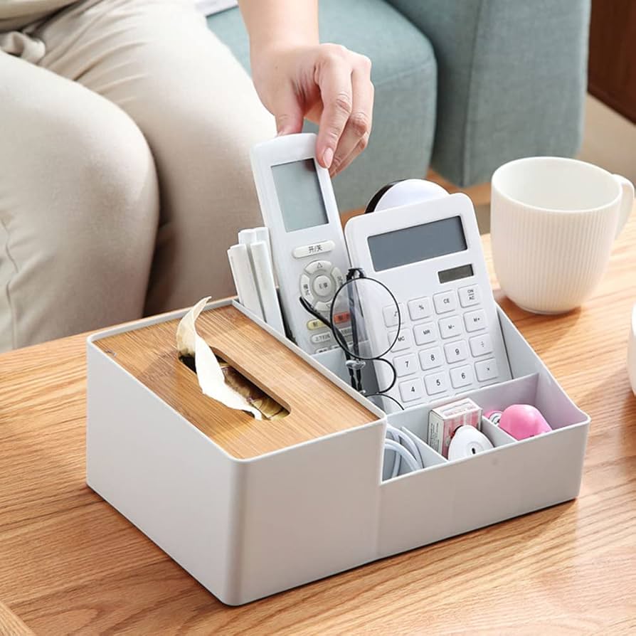 Premium Multi-Compartment Desktop Organizer with Tissue Box and Bamboo Lid