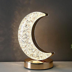 Crystal Crescent Moon LED Lamp – Elegant Gold Base Night Light for Bedroom & Décor