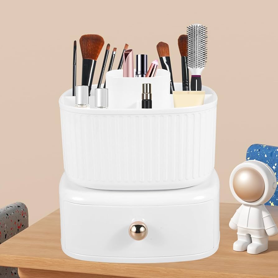 Luxury Rotating Makeup Brush Holder with Drawer Organizer